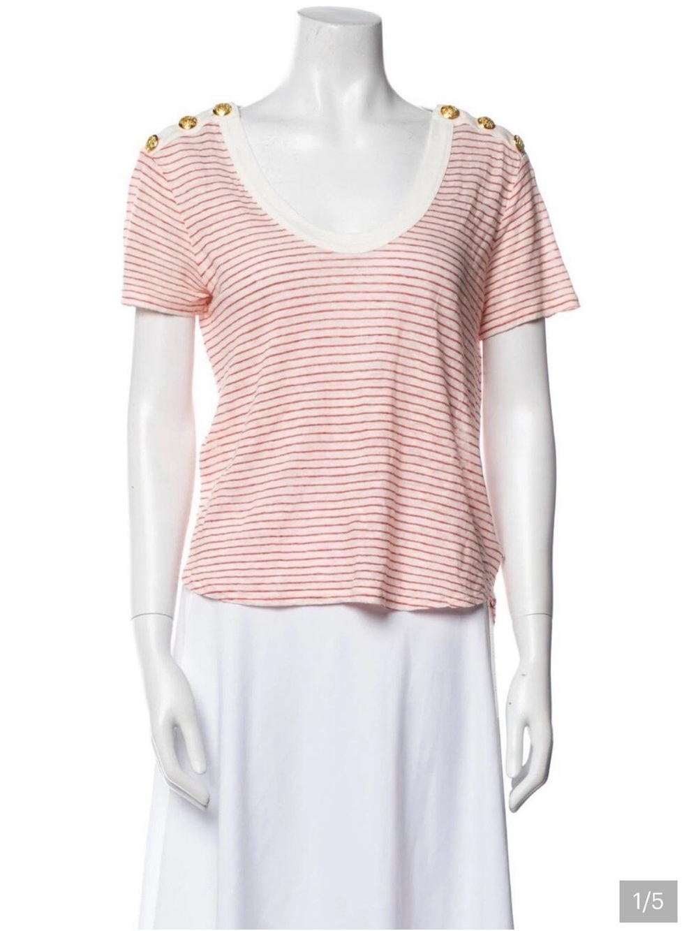 Veronica Beard Red and White Striped Short Sleeve Tee with Gold Shoulder Buttons